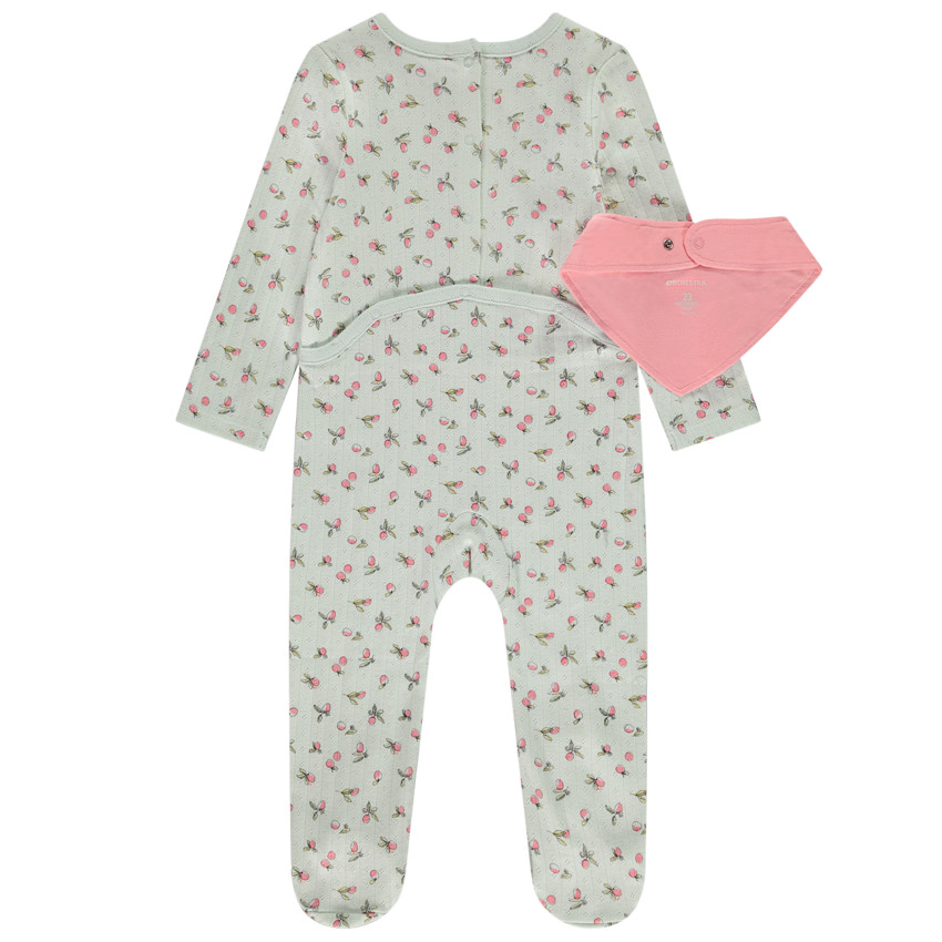 Conjunto pelele estampado + babero bandana para bebé niña con diferentes aperturas según la edad 