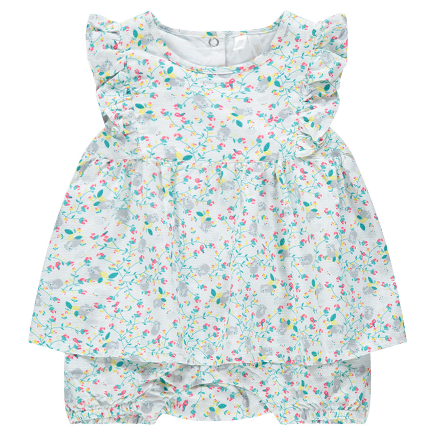 Mono corto con efecto vestido con finas flores all over 