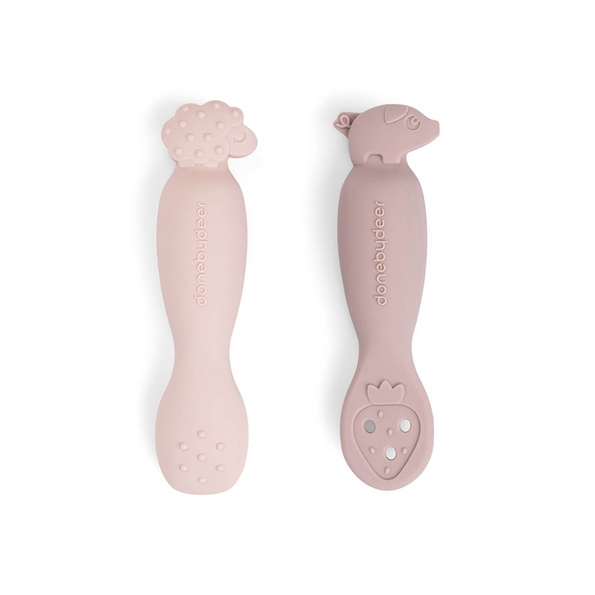 Pack de 2 cucharas de aprendizaje de silicona Tiny Farm rosa 