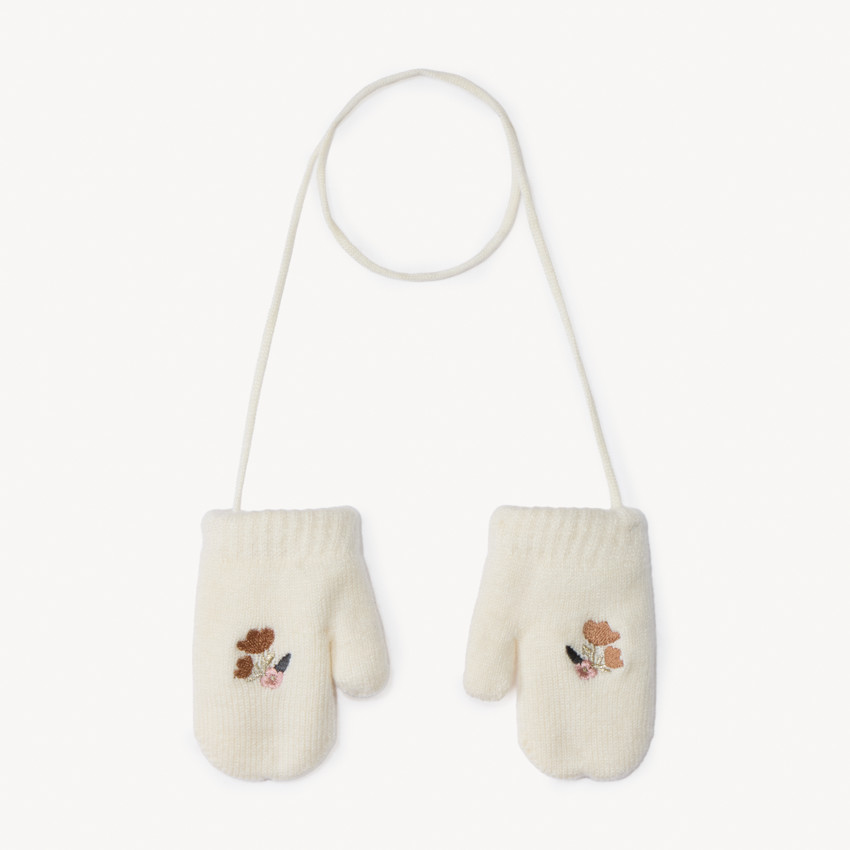 Moufles reliées en tricot brodé fleurs pour bébé fille 