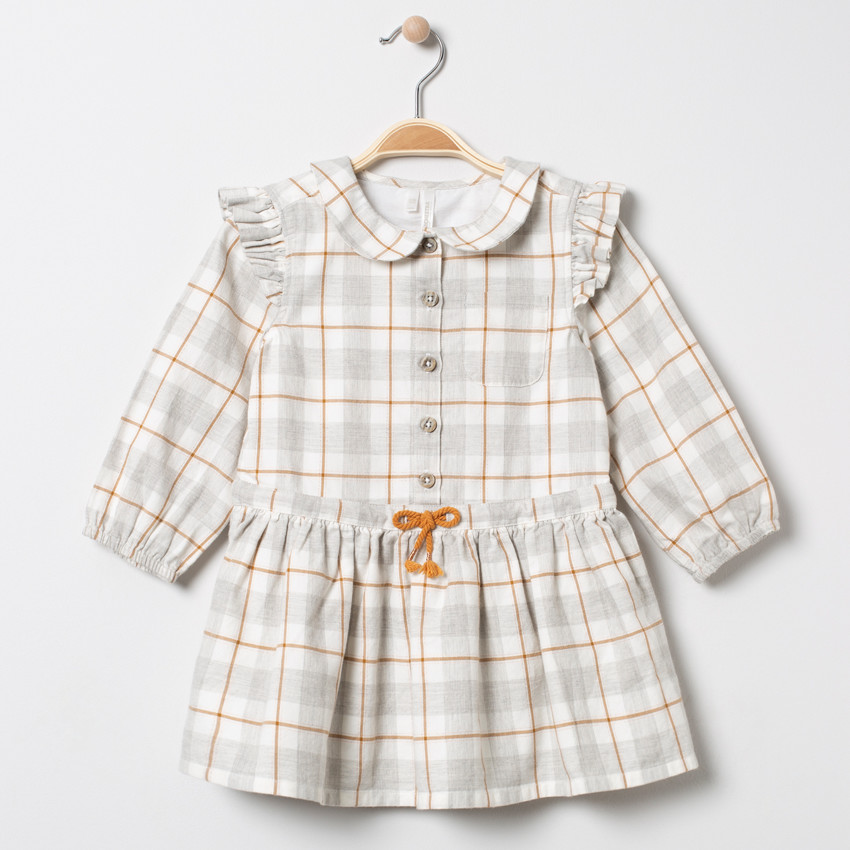 Vestido de cuadro cuello  Claudine y volante 