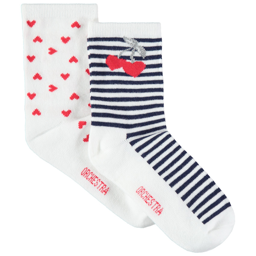 Pack de 2 pares de calcetines a rayas y corazones para niña 
