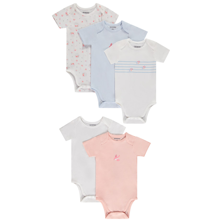 Pack de 5 bodies manga corta fantasia para bebe nina con diferentes aperturas segun la edad Orchestra