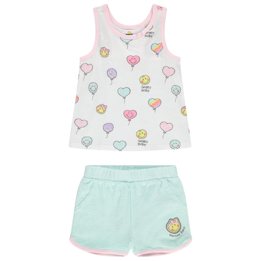 Conjunto con camiseta y Smiley estampado all over con pantalón corto de esponja 