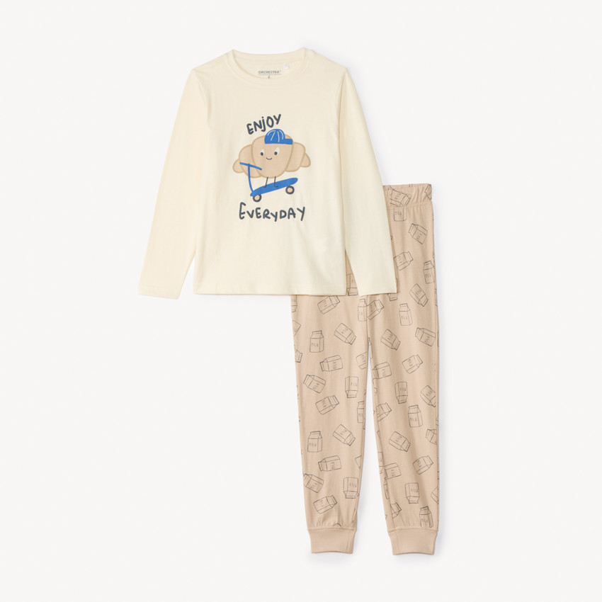 Conjunto de pijama largo de jersey con estampado de croissant para niño. 