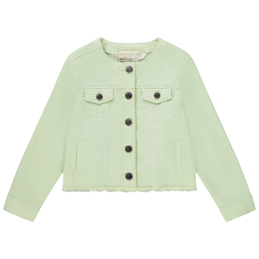 Chaqueta vaquera con cuello redondo y acabado de flecos para niña 