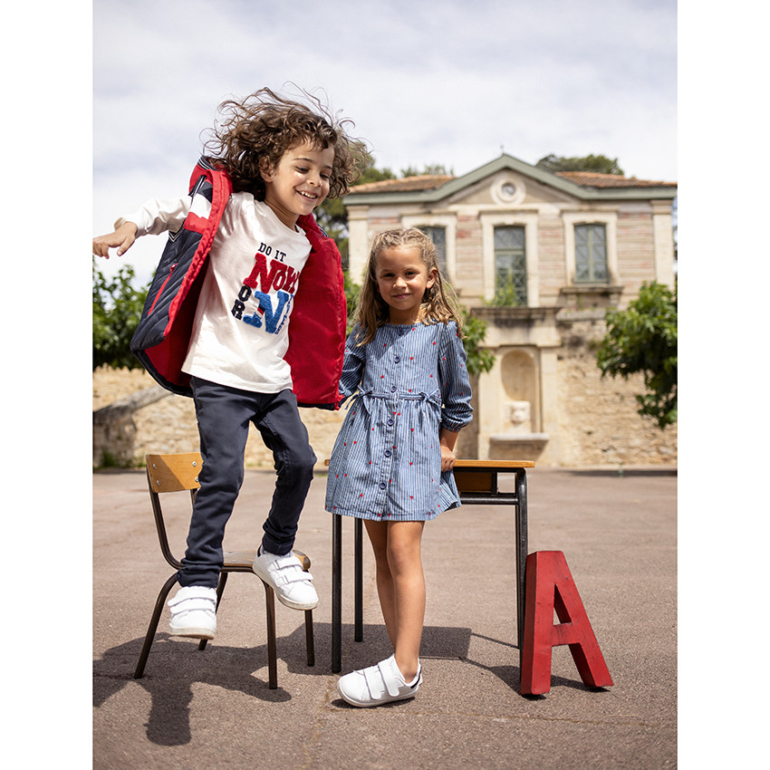 Vestido de chambray manga larga rayas y corazones bordados 