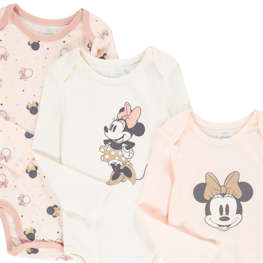 Pack de 3 bodies de manga larga Minnie Disney en algodón para bebé niña 