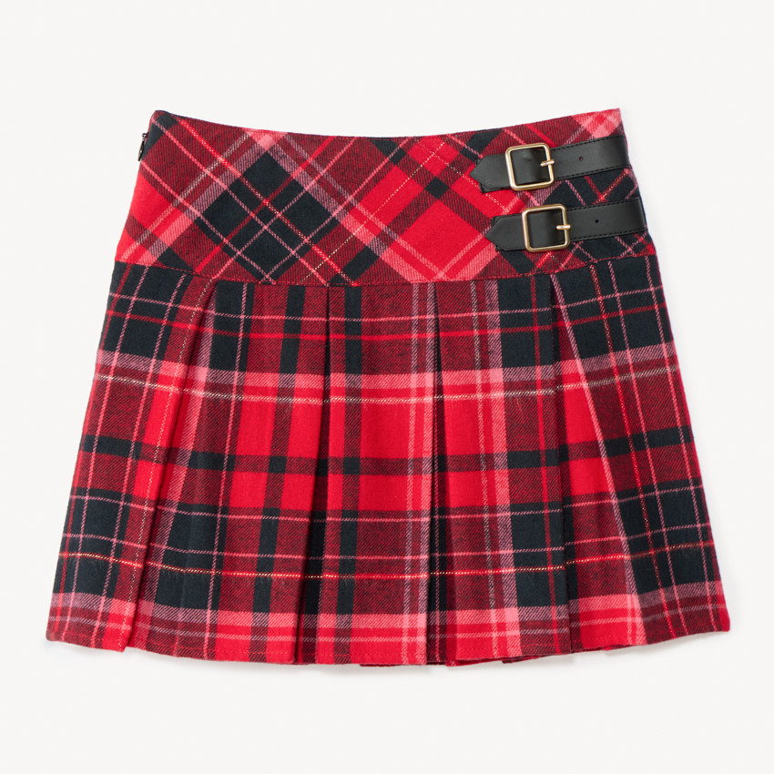 Falda corta estampada tartán con hebillas decorativas para niña 