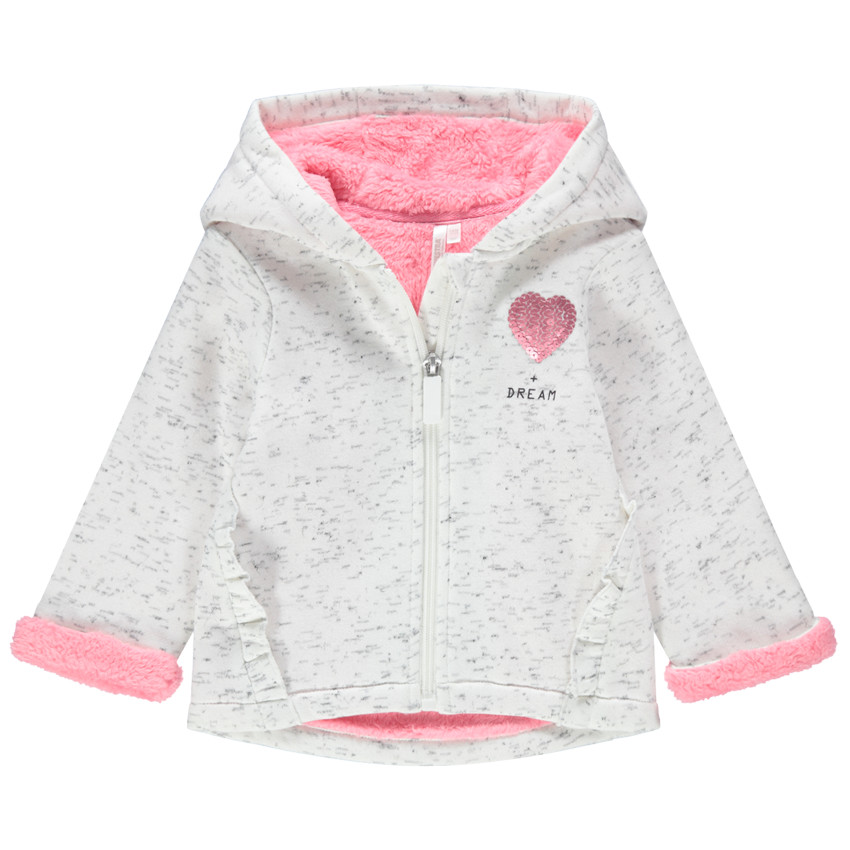 Chaqueta con capucha de felpa con forro de borreguillo y corazón de lentejuelas 
