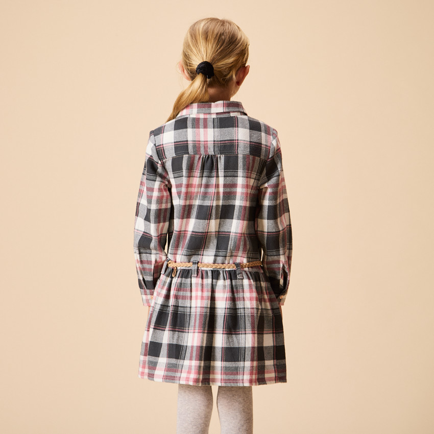 Ropa de camisa de cuadros con cinturón y mangas largas para niña 