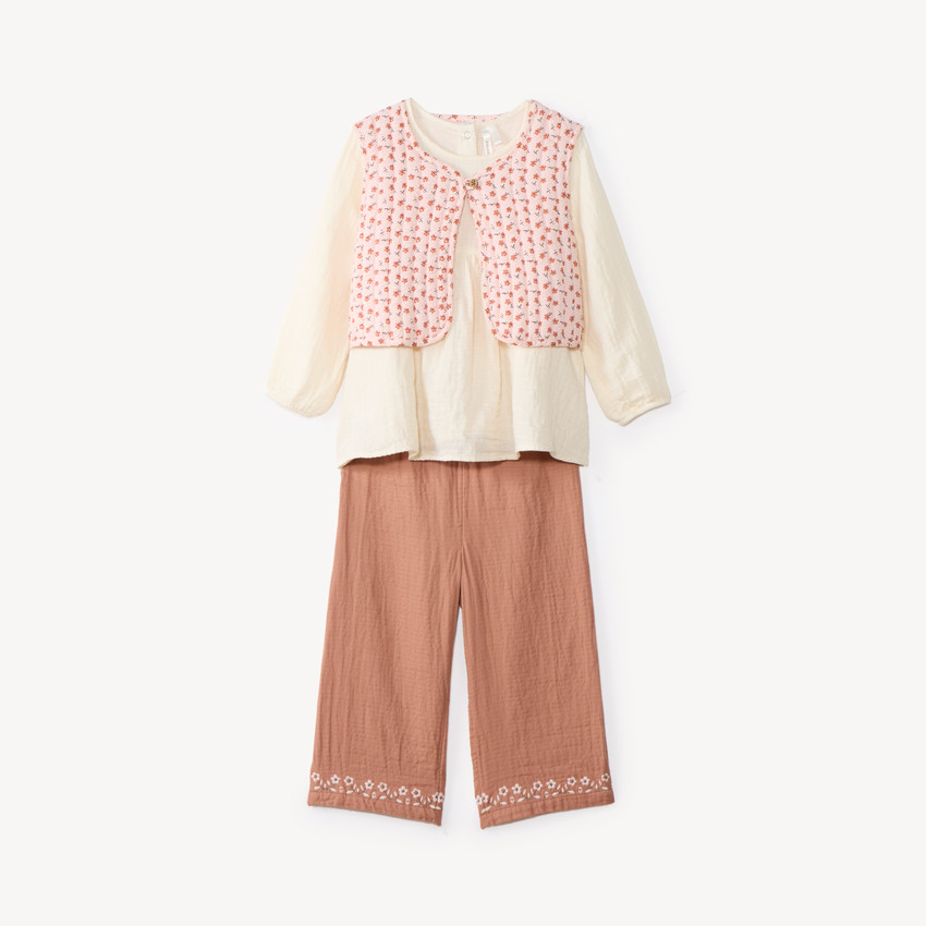 Conjunto de 3 piezas para bebé niña: blusa + pantalón + chaleco sin mangas con flores. 