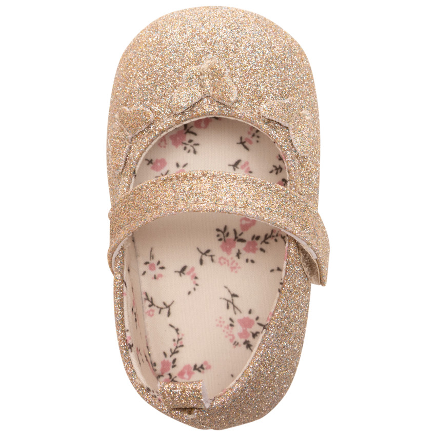 Merceditas doradas con purpurina mariposas aplicadas para bebé niña 