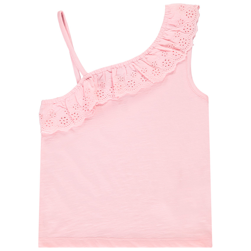 Top con tirantes asimétricos y bordado inglés para niña 