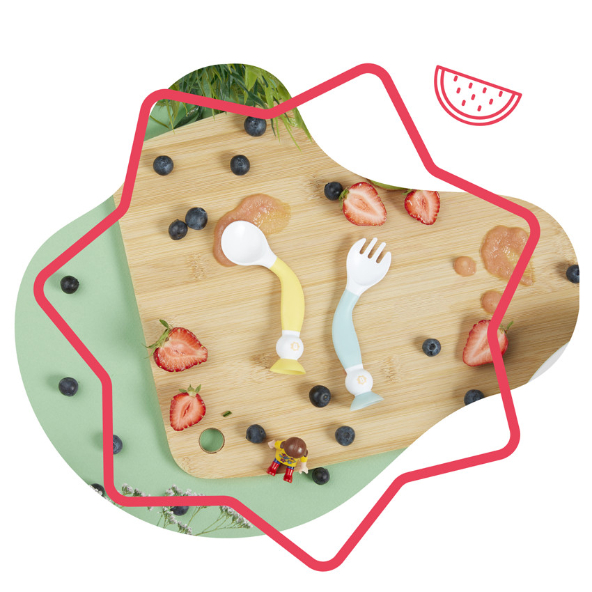 Lot de 2 couverts d'apprentissage flexibles - Jaune/Bleu 