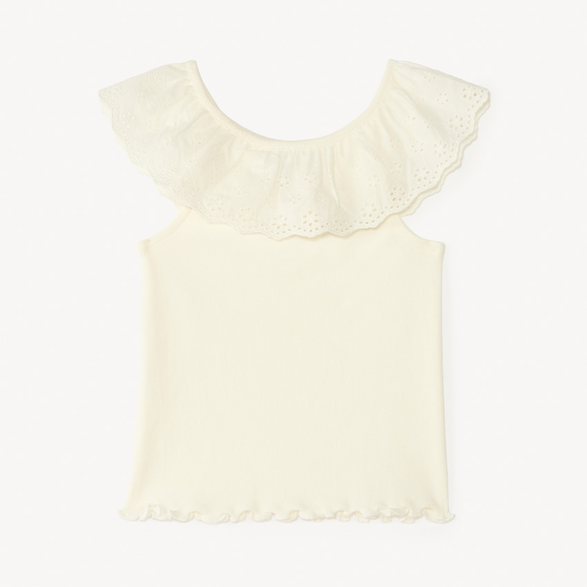 Camiseta sin mangas lisa de punto canalé con cuello volante de bordado inglés para bebé niña 