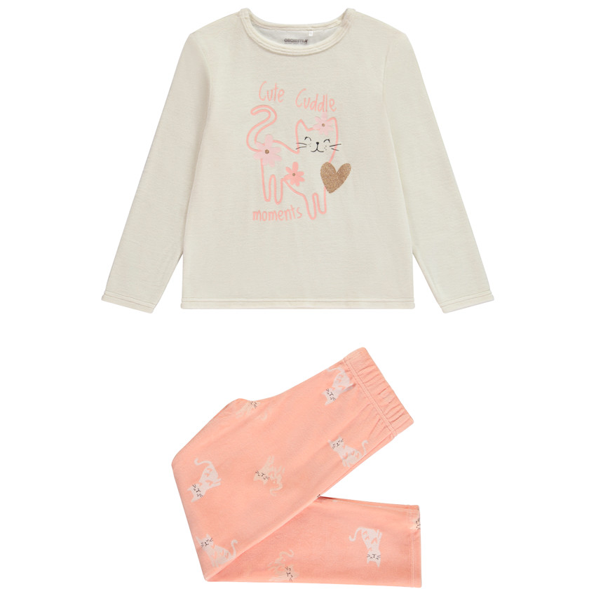 Pijama de terciopelo de 2 piezas con estampado de gatos para niña 