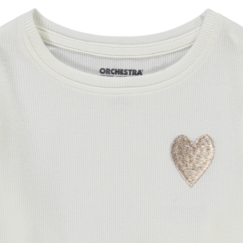 Camiseta de manga larga de punto de canalé con bordado de corazón para niña 