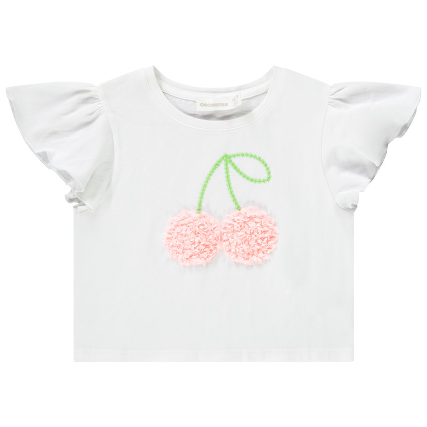 Camiseta de manga corta con estampado de cerezas y efecto pétalos 3D para niña 