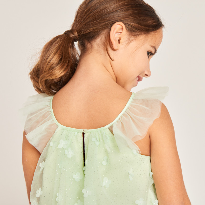 Robe unie en tulle avec petites fleurs 3D pour fille 