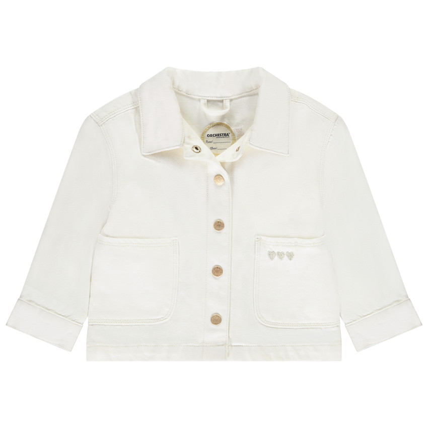 Chaqueta de mezclilla tipo worker con corazones bordados para niña. 