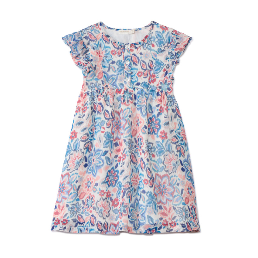 Vestido de manga corta con volante y estampado para niña 