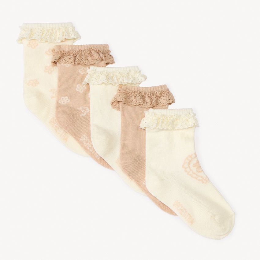 Pack de 5 pares de calcetines con bordado inglés para niña. 