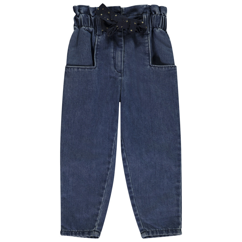 Pantalón paperbag de denim con cinturón para niña 