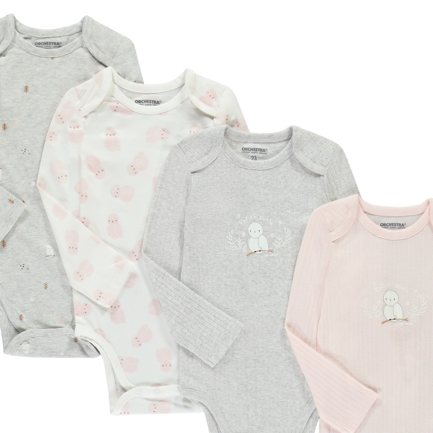 Pack de 7 bodies de manga larga con estampado de búho para bebé niña con diferentes aberturas según la edad. 