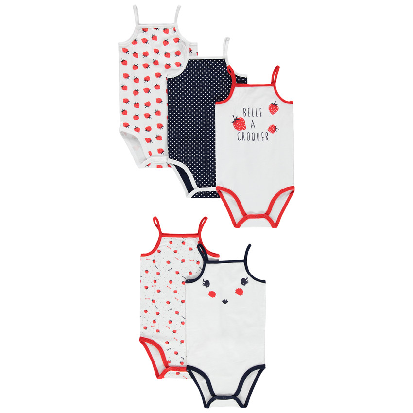 Pack de 5 bodies de tirantes finos con estampado de lunares y fresas. 