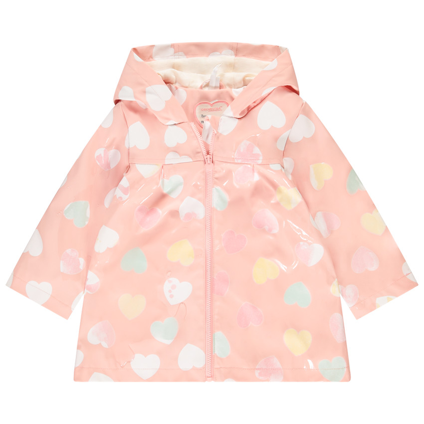 Parka de goma con colores cambiantes estampada de corazones para niña. 