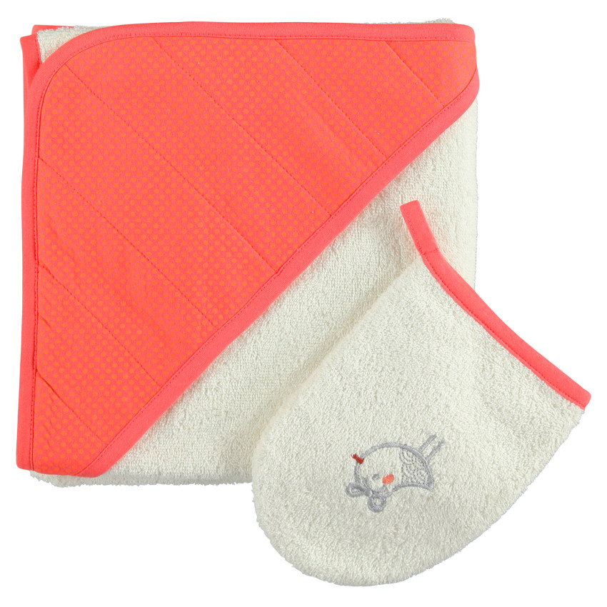 Set de bain cape + gant de toilette avec oiseau brodé 