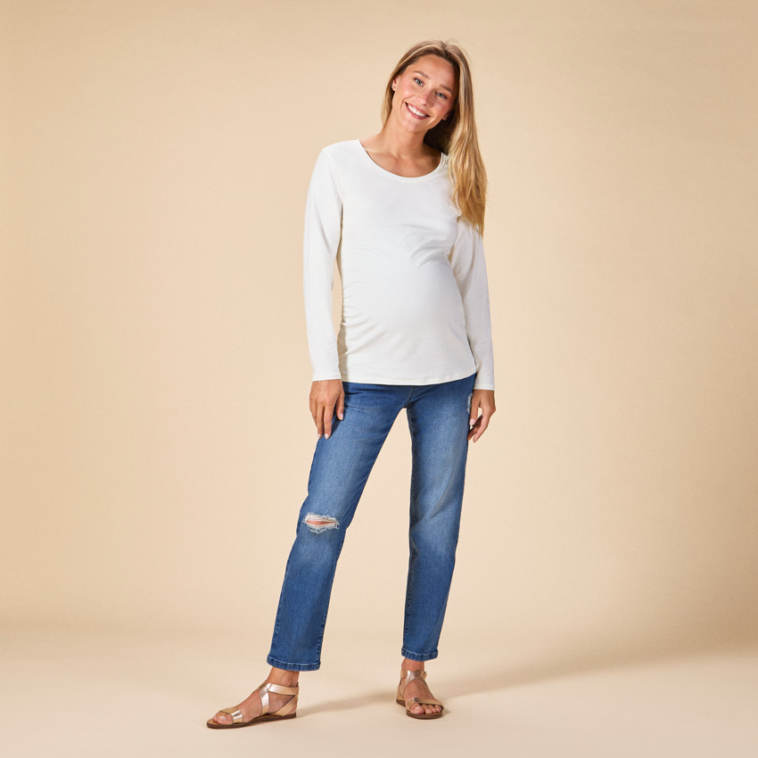 Jean boyfriend de grossesse effet used avec bandeau haut 