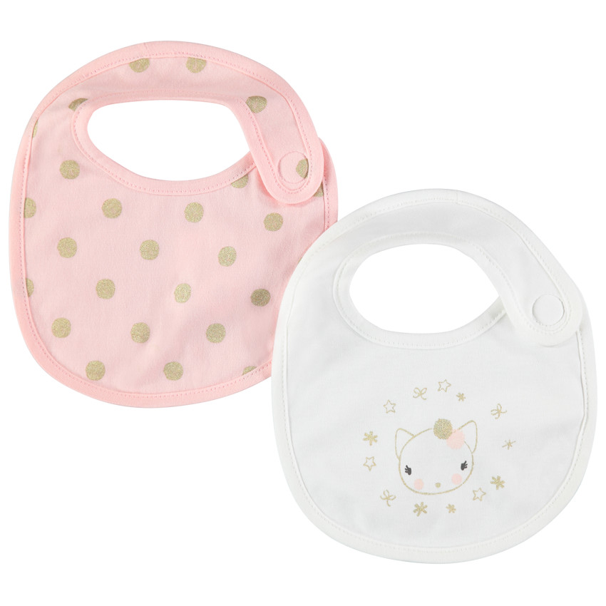 Pack de 2 baberos cortos con estampado de lunares dorados y motivo de gato dorado. 