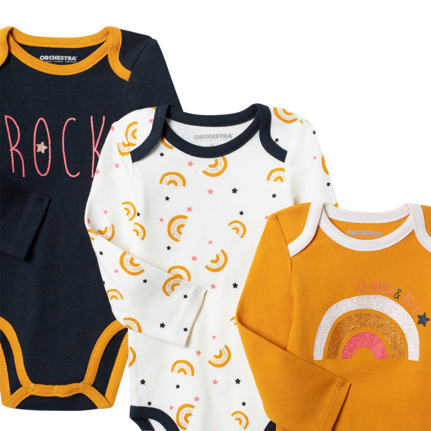 Pack de 3 bodies de manga larga de algodón con estampado arcoíris. 