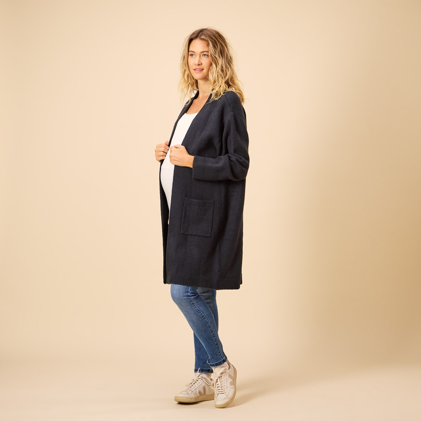 Chaqueta larga de punto liso con bolsillos para mujer 