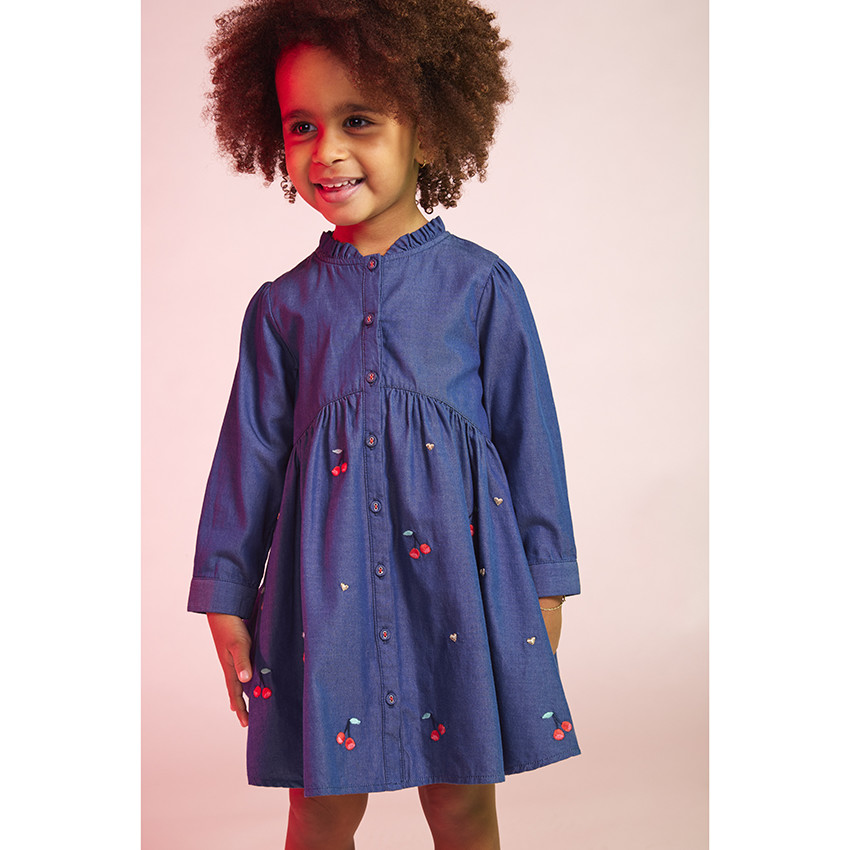 Vestido de lyocell con mangas largas y bordados de cerezas para bebé niña 