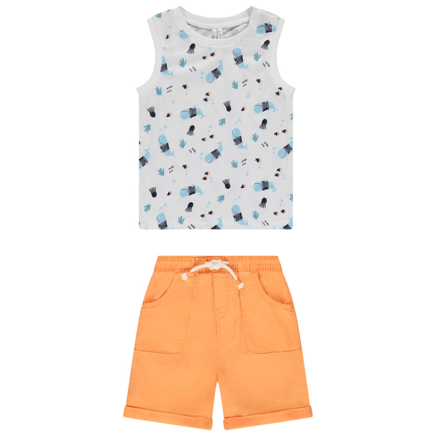 Conjunto bermuda lisa + camiseta sin mangas estampado marinero para bebé niño 