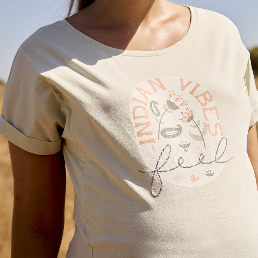 Camiseta de embarazo de manga corta con estampado y cremalleras para lactancia 