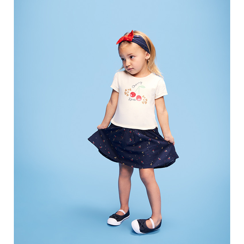 Vestido bicolor efecto 2 en 1 con estampado de cerezas para bebé niña 