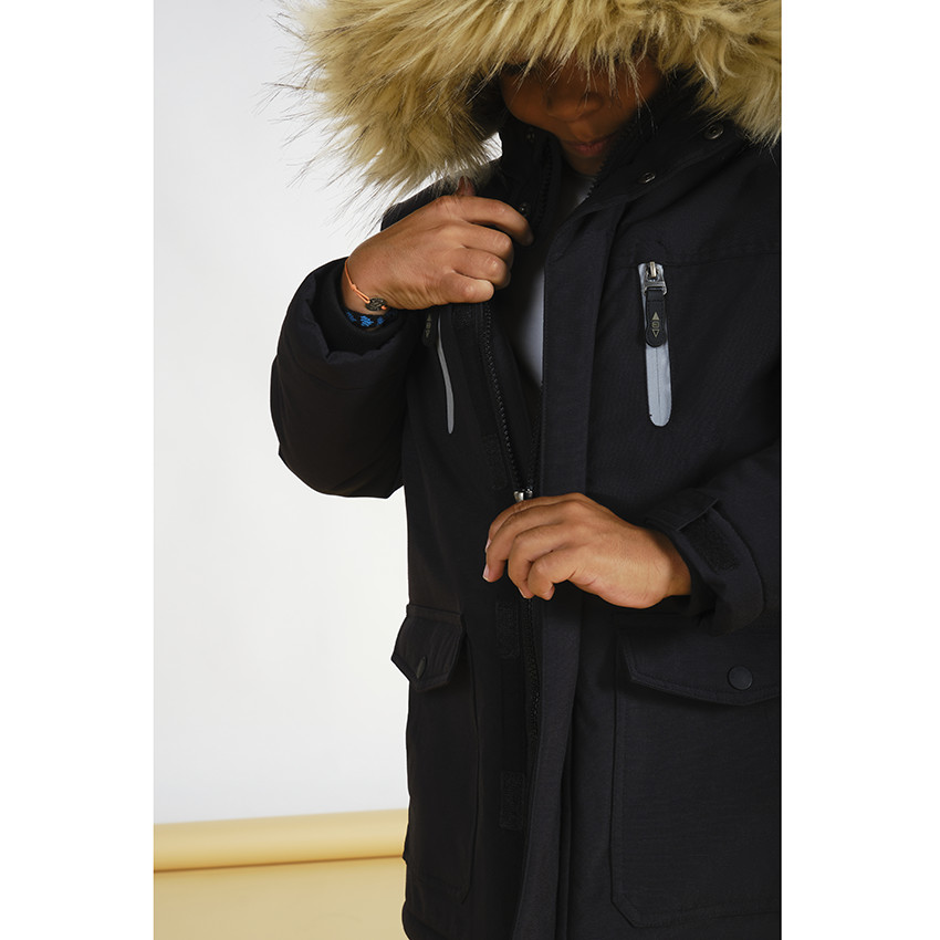 Parka en poliéster con capucha con pelo falso y forro micropolar para niño 