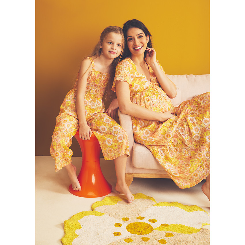 Vestido de manga corta con volantes y estampado retro para mujer 