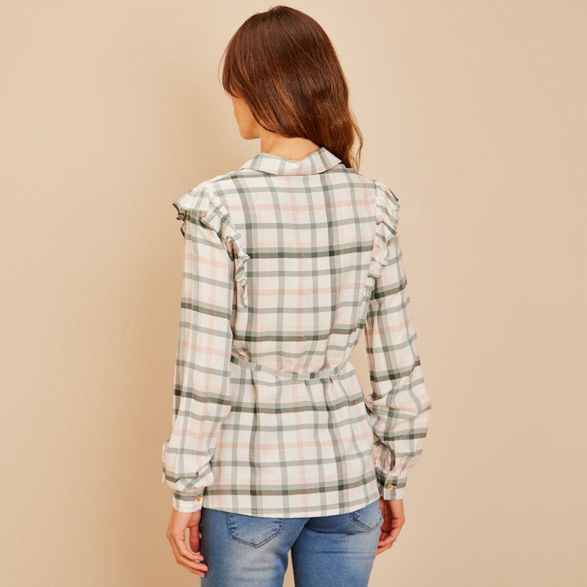 Camisa de cuadros de manga larga con cinturón para mujer 