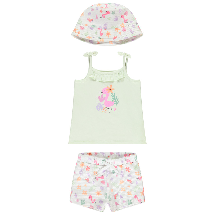 Conjunto de 3 piezas con estampado de flamencos y gorro para bebé niña 