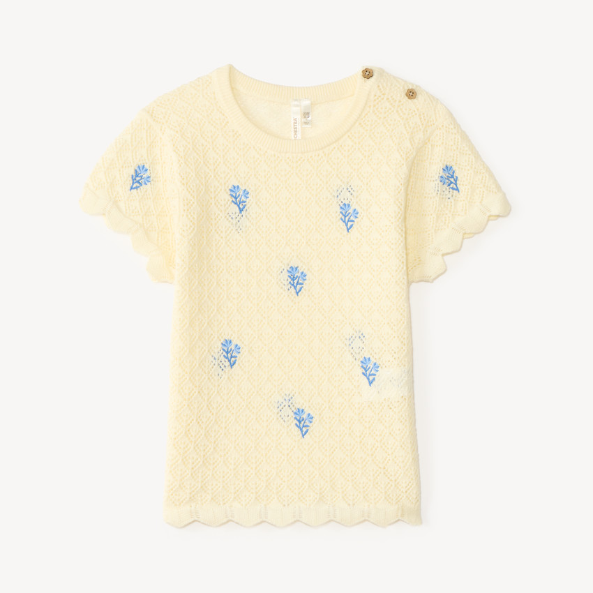 Camiseta de manga corta de punto con bordados de flores para niña bebé 