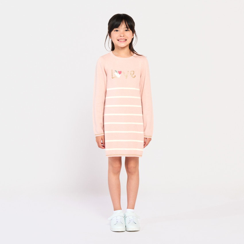 Vestido de manga larga de punto con estampado glitter y rayas para niña 