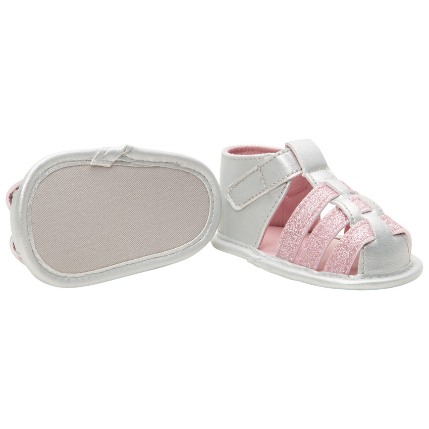 Sandalias suaves plateadas con tiras brillantes para bebé niña 