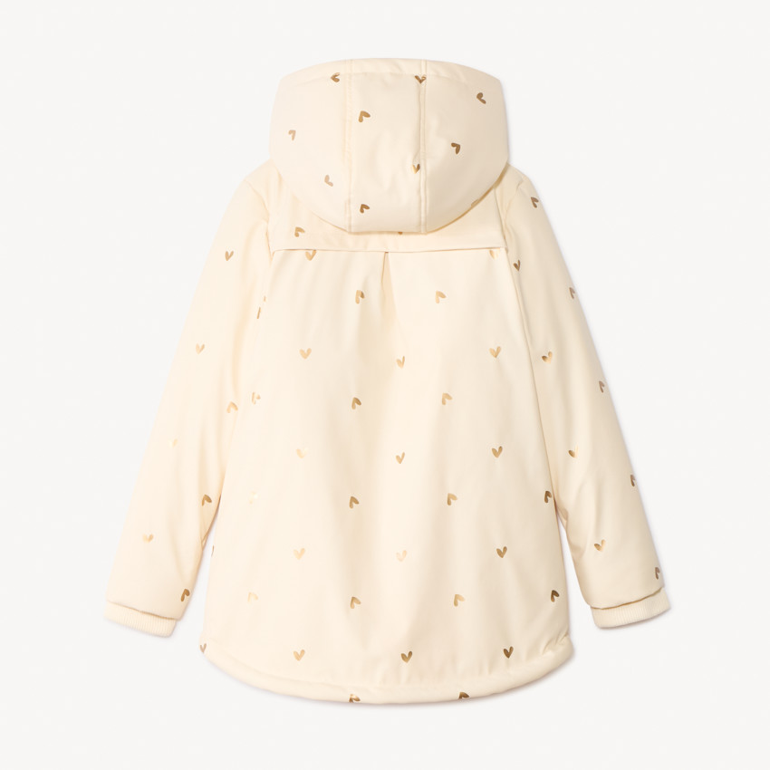 Parka de goma y terciopelo con estampado de corazones iridiscentes para niña 