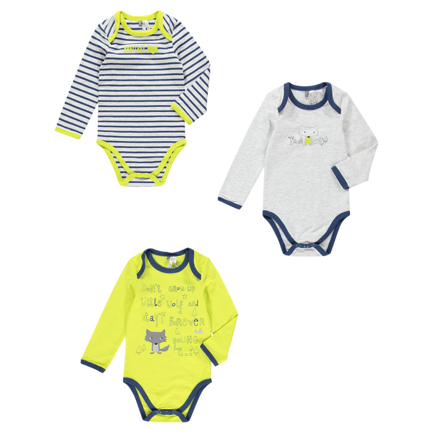 Lote de 3 bodies manga larga con estampado con abertura adaptada a la edad 