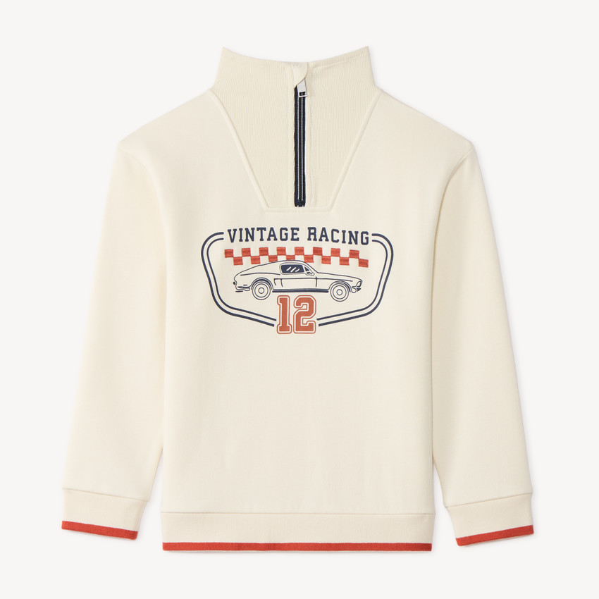 Sudadera con cuello zip niño con diseño vintage de carreras. 